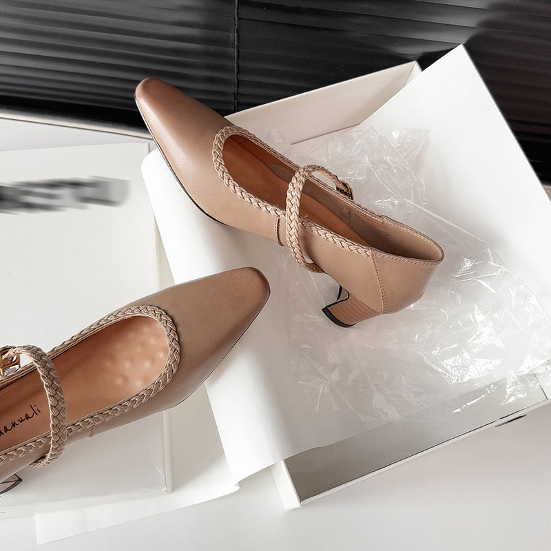 Karin Luna Braided Element Design Chunky Heel Square Toe Single Strap Shoes