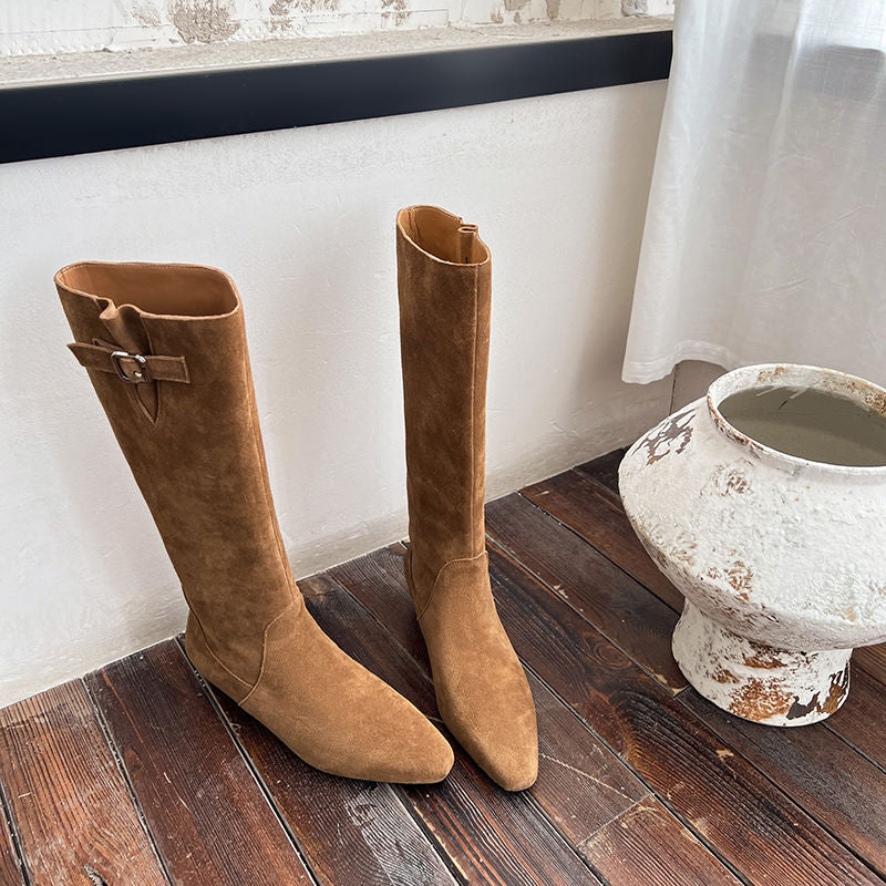 Karin Luna In Stock Spot Goods Vintage Cowhide Leather Chunky Heel Height Increasing Long Boots