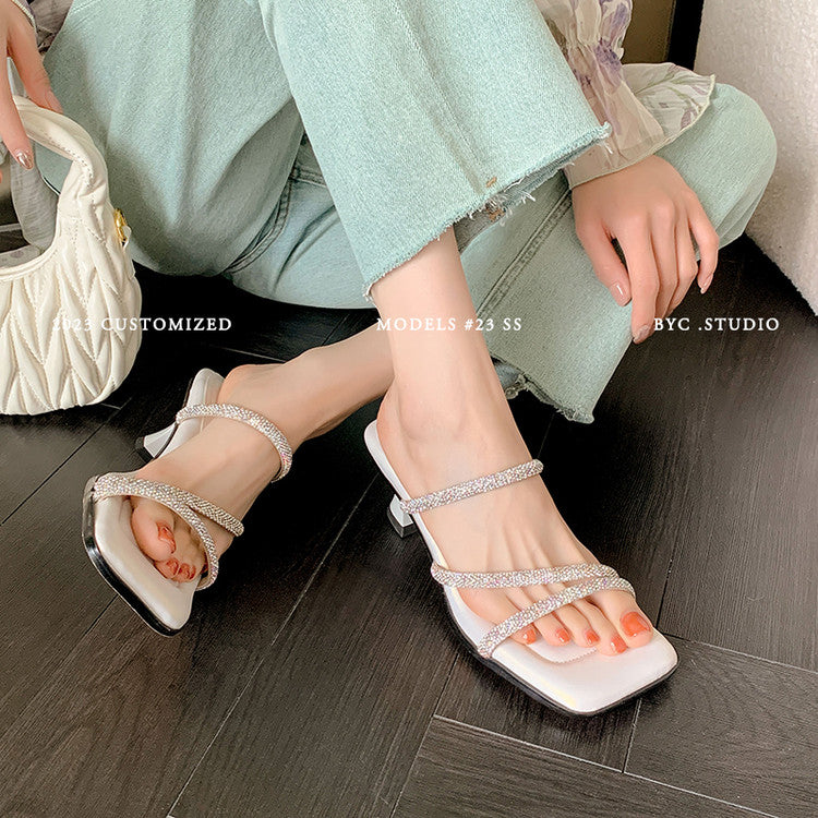 Karin Luna In Stock Spot Goods  Minimalist Versatile Square Toe Rhinestone Strap Open-Toe Sandals