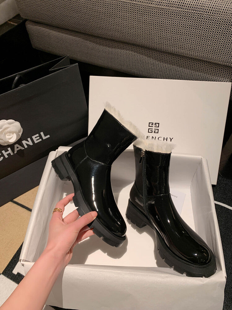 Karin Luna In Stock  Best-selling in stock Thickened Fleece Cow Patent Leather Hot-Selling Flat Short Boots