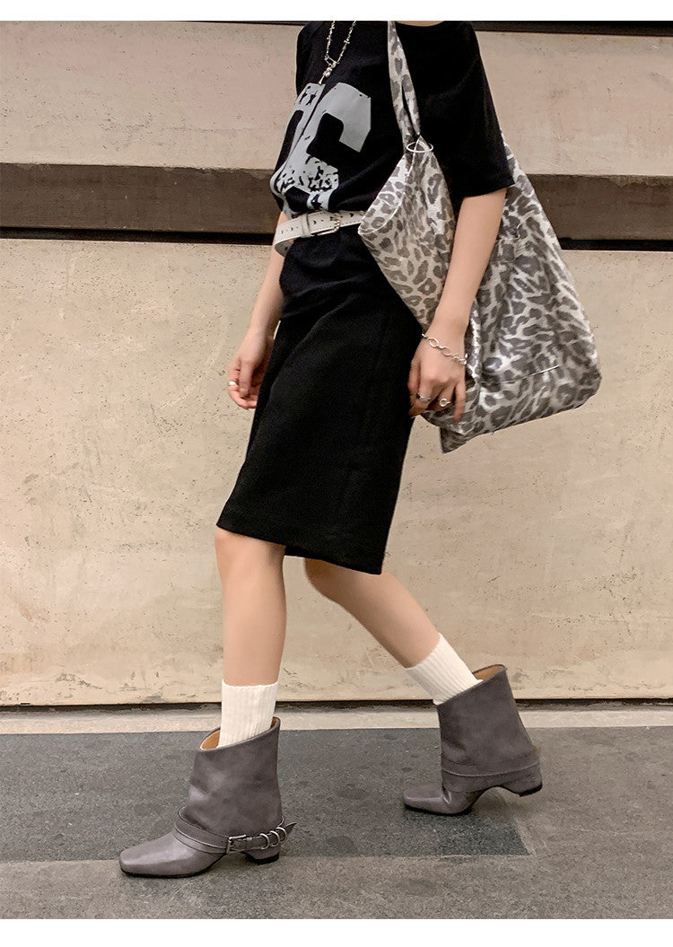 Karin Luna Data Hot Item Square Toe Hidden Wedge Belt Buckle Suede Ankle Boots