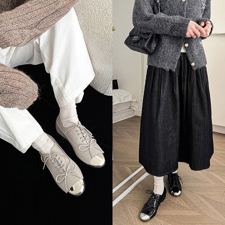 Karin Luna In Stock Spot Goods  Casual Lace-Up Metal Toe Bow Deep Mouth Single Shoes
