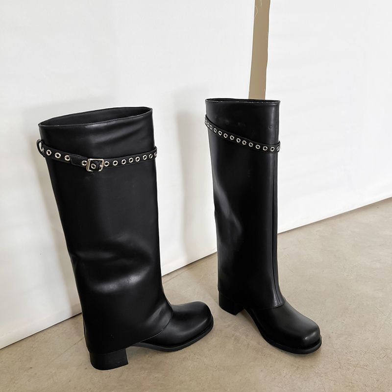 Karin Luna In Stock Spot Goods Belt Buckle Color-Washed Casual Thick-Soled Bootcut Pants Boots