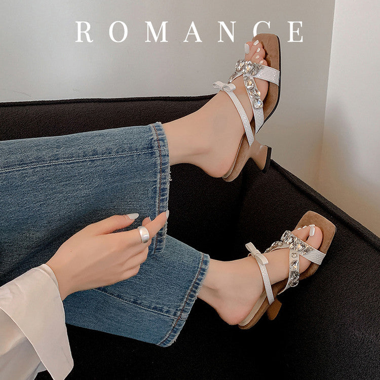 Karin Luna In Stock In Stock  Square Toe Rhinestone Bow Suede Slippers