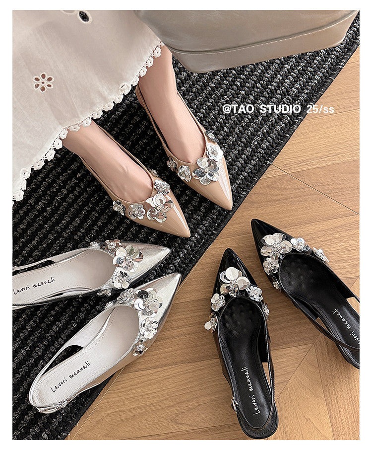 Karin Luna In Stock In Stock  Sequin Floral Pointed Toe Chunky Heel Closed-Toe Sandals