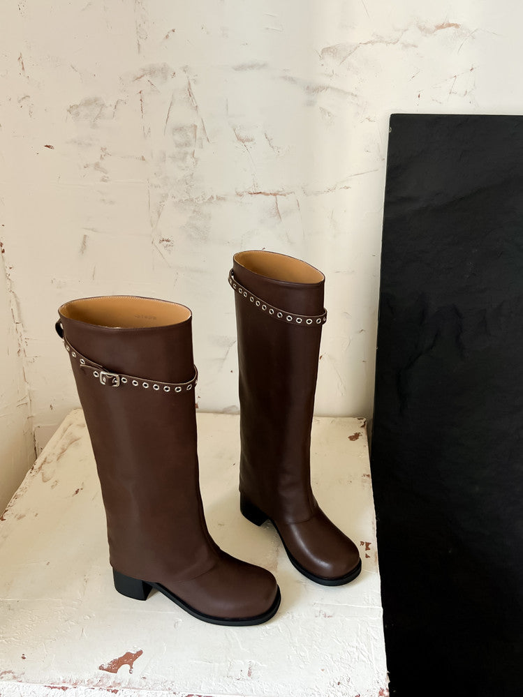 Karin Luna In Stock Spot Goods Belt Buckle Color-Washed Casual Thick-Soled Bootcut Pants Boots