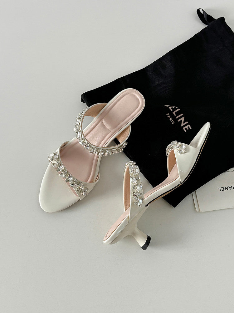 Karin Luna Exquisite Round Toe One-Strap Rhinestone Thin Heel Slippers
