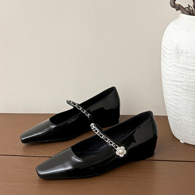 Karin Luna In Stock In Stock ~Metal One-Strap Pearl Small Square Toe Height-Increasing Flats