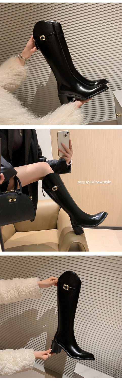 Karin Luna Classic Model In Stock Spot Goods  Elegant Belt Buckle Pointed Toe Chunky Heel Long Boots