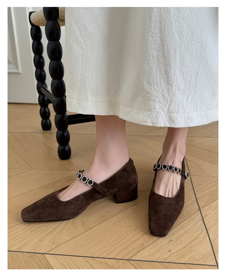 Karin Luna In Stock Spot Goods  Vintage Full Leather Square Toe Rhinestone Strap Shallow Mouth Single Shoes