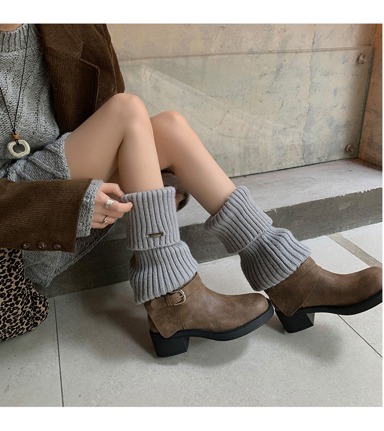Karin Luna In Stock Spot Goods Versatile Basic Round Toe Belt Buckle Thick Sole Tube Boots