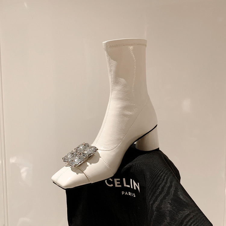 Karin Luna In Stock  Elegant Style Square Toe Rhinestone Chunky Heel Ankle Boots