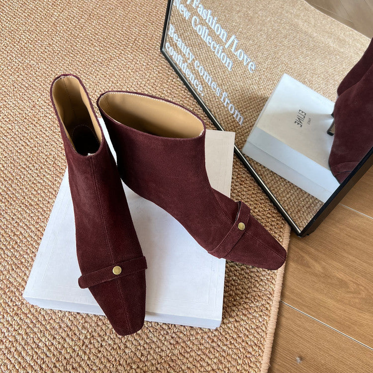 Karin Luna Elegant Style Small Square Toe Belt Buckle Thin Heel Short Boots