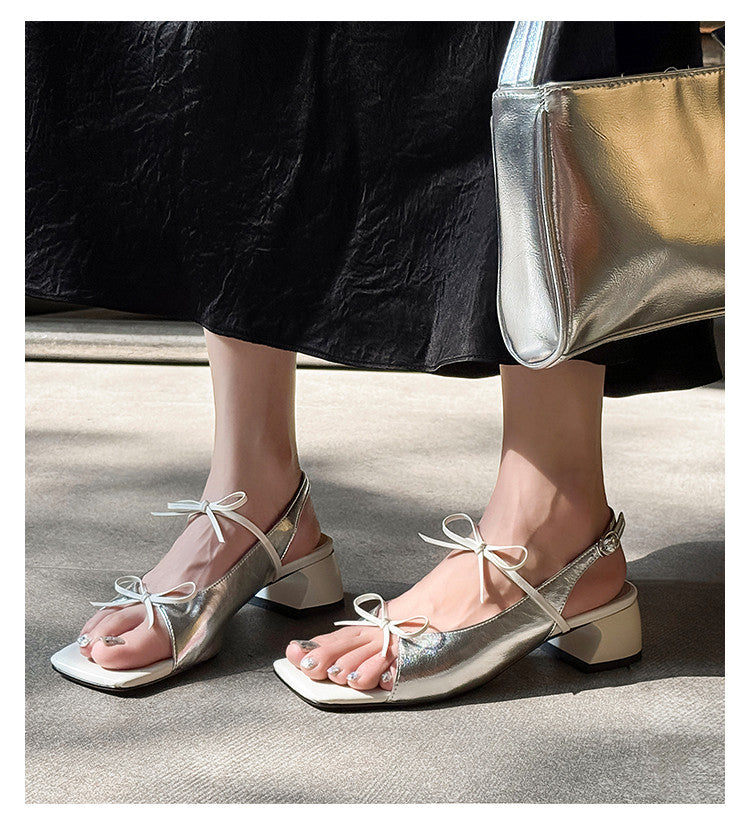 Karin Luna In Stock Spot Goods Square Toe Double Bow Thick Heel Sandals