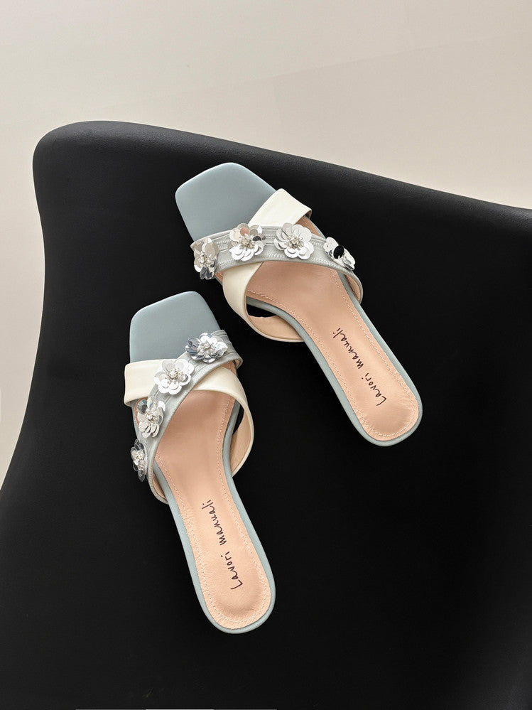 Karin Luna In Stock Spot Goods  Sequin Floral Cross Strap Square Toe Stiletto Slippers