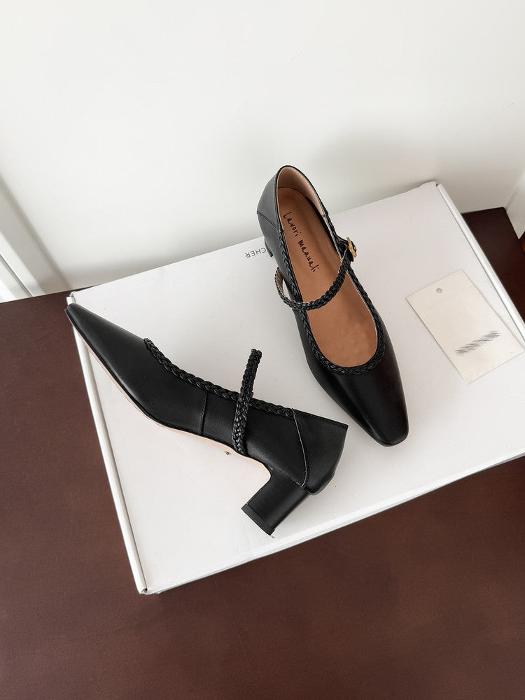 Karin Luna Braided Element Design Chunky Heel Square Toe Single Strap Shoes