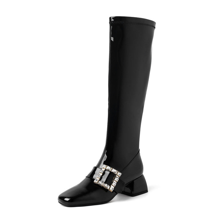 Karin Luna Elegant Style Ultra Slimming Rhinestone Chunky Heel British Style Riding Boots Long Boots