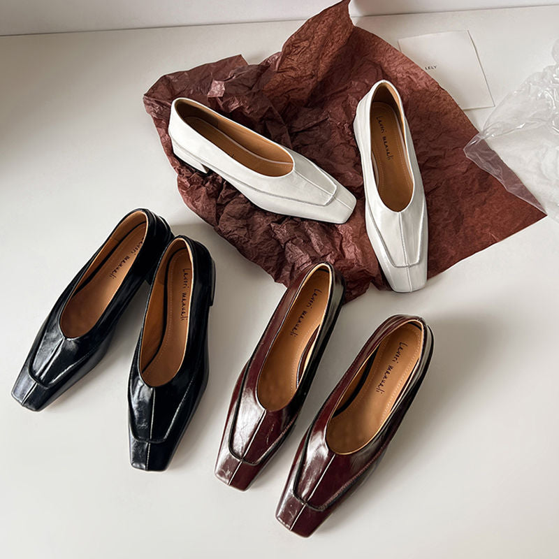Karin Luna In Stock Spot Goods  Retro Full Leather Square Toe Shallow Mouth Single Shoes