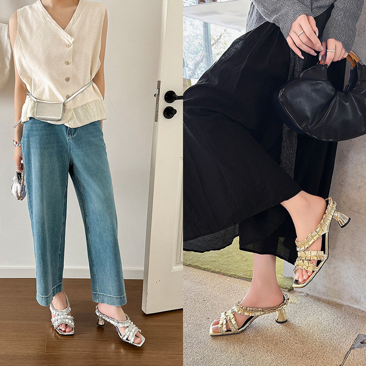 Karin Luna In Stock  Spot Goods  Unique Square-Toe Pleated Lace Sandals