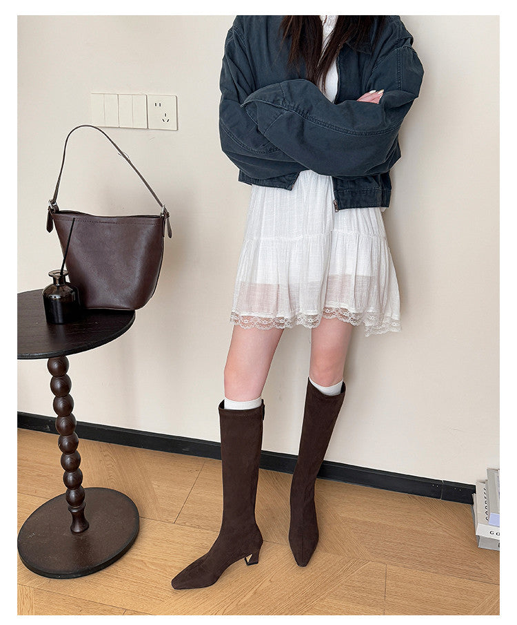 Karin Luna In Stock In Stock  Square Toe Chunky Heel Korean Style Elegant Long Boots