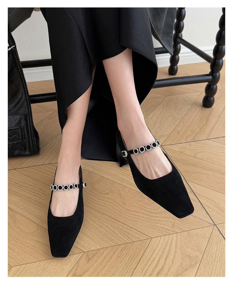 Karin Luna In Stock Spot Goods  Vintage Full Leather Square Toe Rhinestone Strap Shallow Mouth Single Shoes