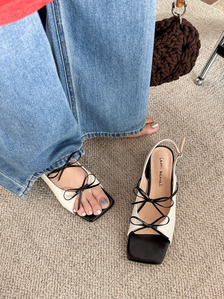 Karin Luna In Stock Spot Goods Square Toe Double Bow Thick Heel Sandals