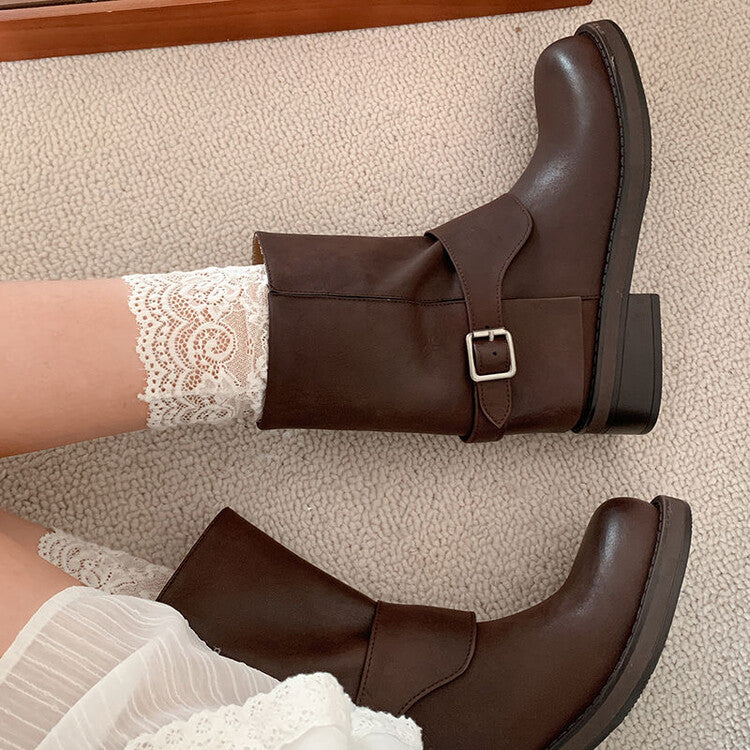 Karin Luna Belt Buckle Chunky Heel Fashion Short Boots