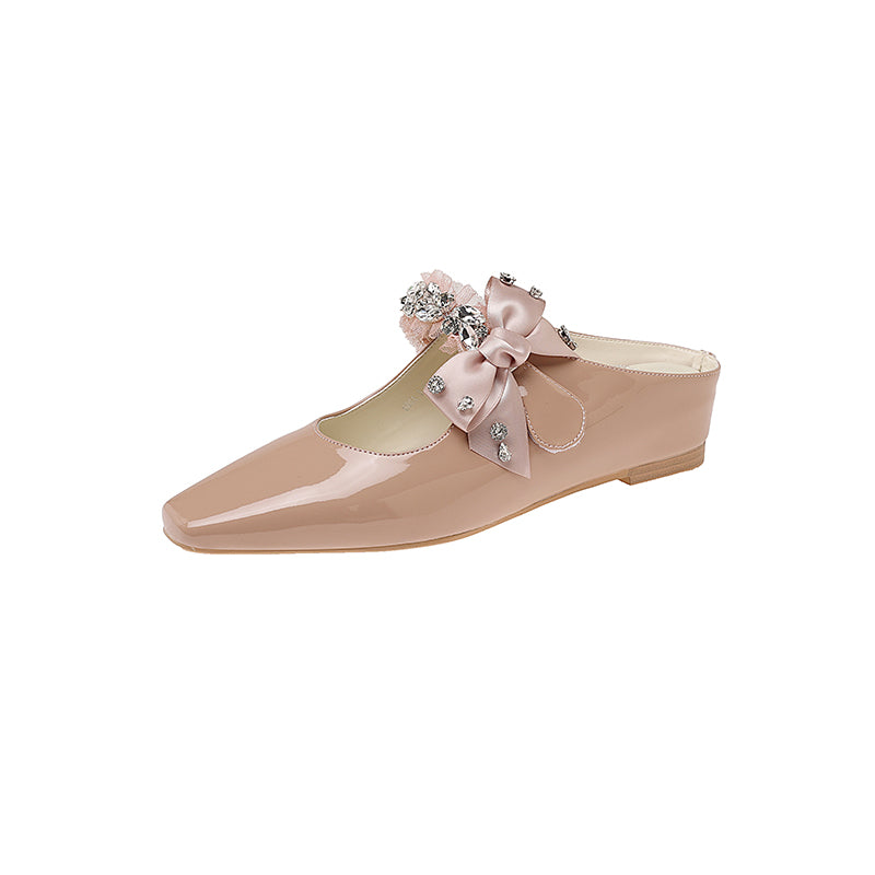 Karin Luna Handmade One-Strap Rhinestone Ribbon Square-Toe Mules