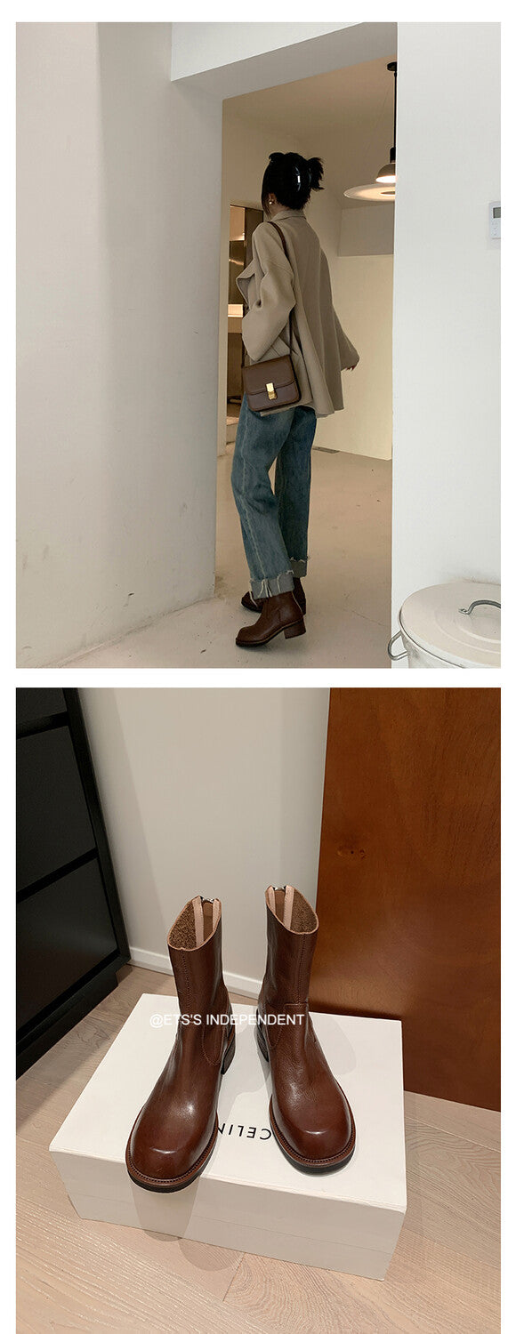 Karin Luna In Stock Spot Goods  Full-grain leather inside and out   Minimalist Texture  Round Toe Flat Bottom Basic Short Boots