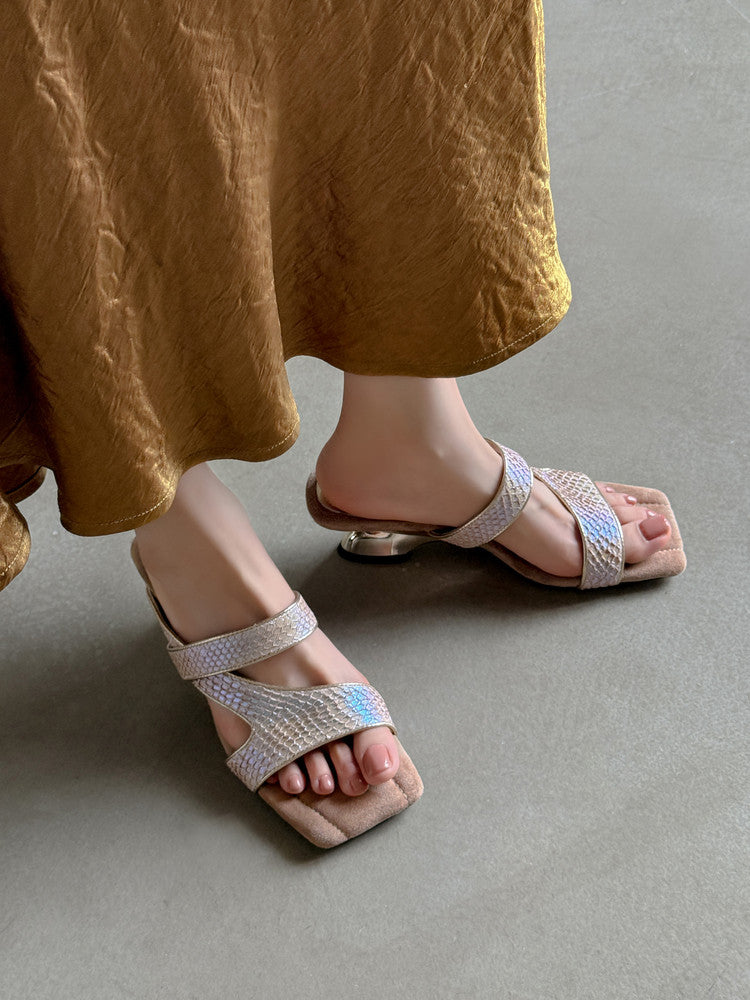 Karin Luna Fish Skin Series~Minimalist Square Toe Popular Irregular Heel Slippers