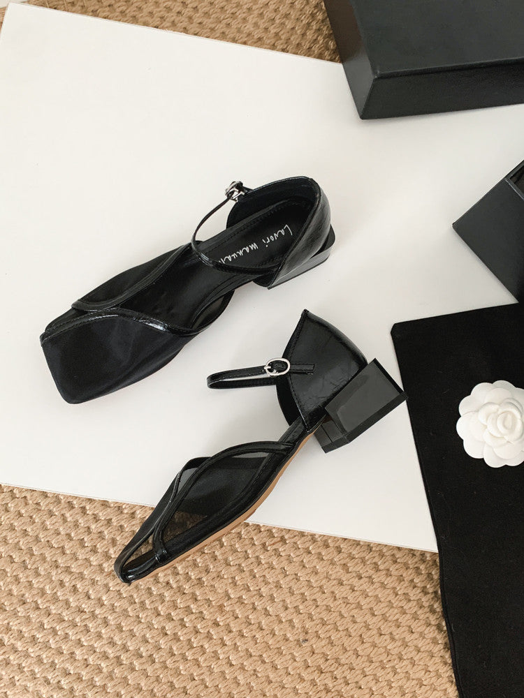 Karin Luna In Stock In Stock  Internet Celebrity Style Square Toe Mesh Chunky Heel Sandals