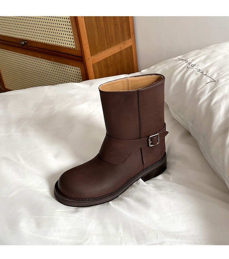 Karin Luna Belt Buckle Chunky Heel Fashion Short Boots