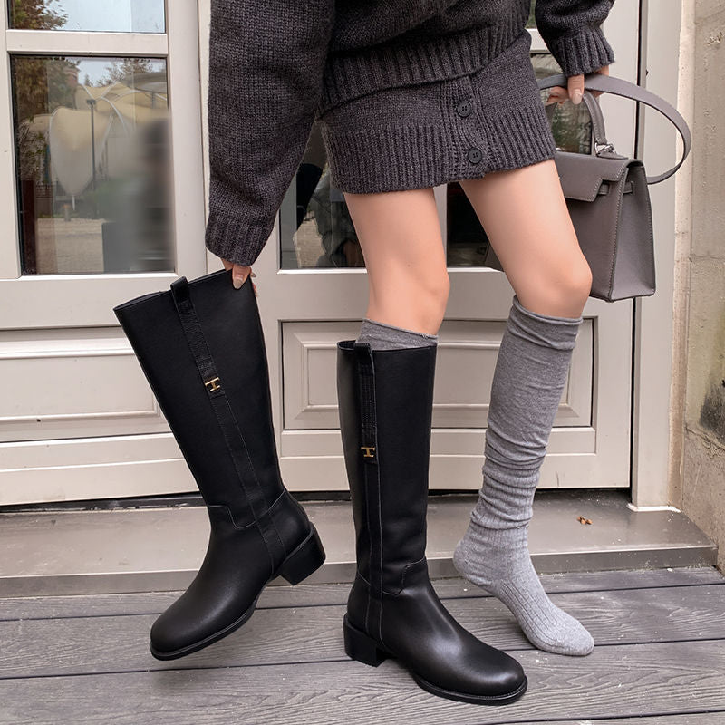 Karin Luna In Stock Spot Goods Basic Retro Square Toe Chunky Heel Riding Boots