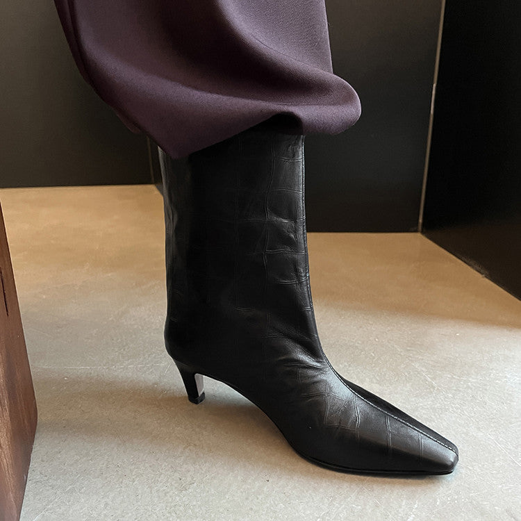 Karin Luna In Stock Spot Goods Top Layer Stone Pattern Cowhide Textured Small Square Toe Straight Short Boots