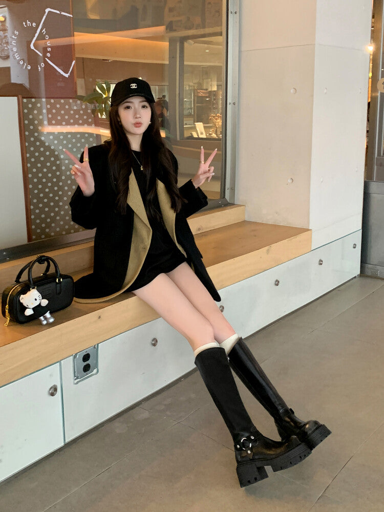 Karin Luna In Stock In Stock Slimming Diagonal Cut Tube Top  Best-selling in stock Retro Metal Buckle Thick-Soled Long Boots
