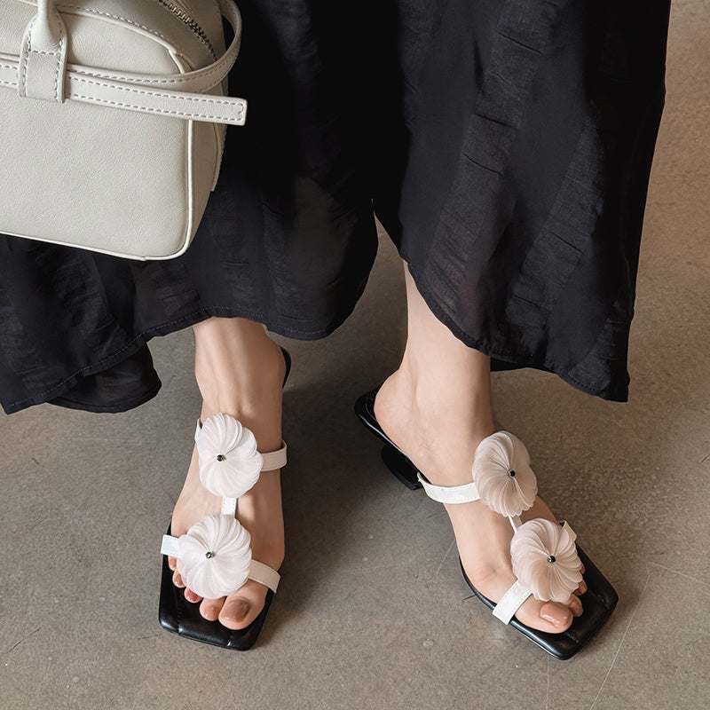 Karin Luna Hot-Selling Floral Square Toe Irregular Heel Floral Slippers