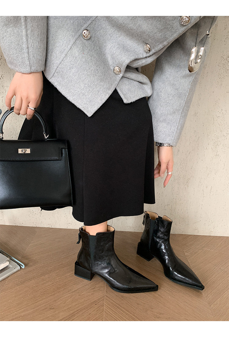Karin Luna In Stock Spot Goods Elegant Stretch Fabric Patchwork Pointed Toe Chunky Heel Short Boots