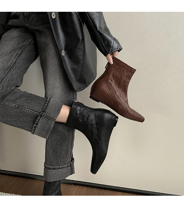 Karin Luna In Stock Spot Goods Slim Series  Hidden Wedge Small Square Toe Back Zipper Short Boots
