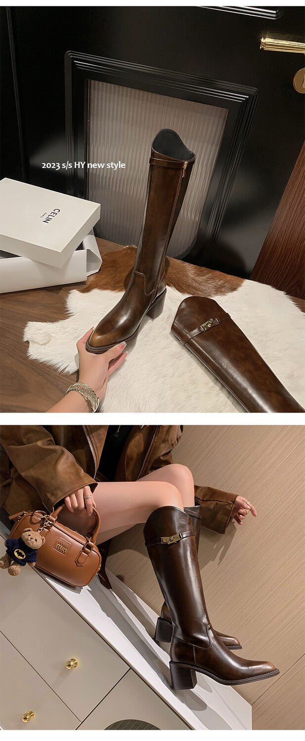 Karin Luna Hot-Selling Fasteners Sold as soon as listed Comes with data plan included Pointed Toe Chunky Heel Classic Full Cowhide Leather Riding Boots
