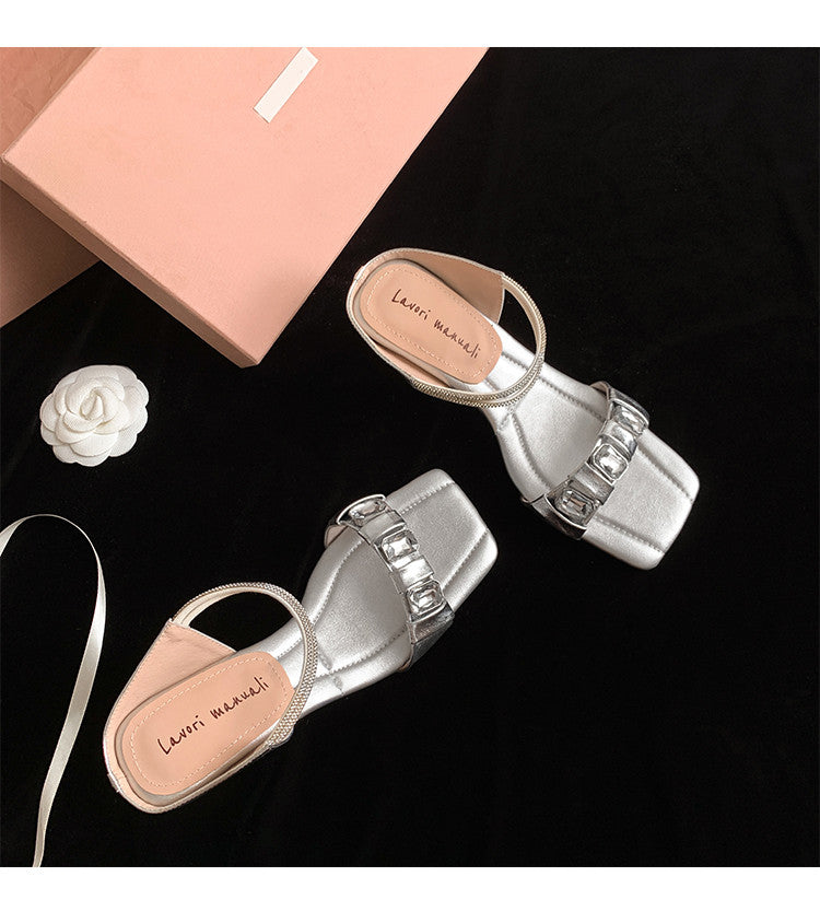 Karin Luna Bestseller Popular Rhinestone Ribbon Square Toe Slippers