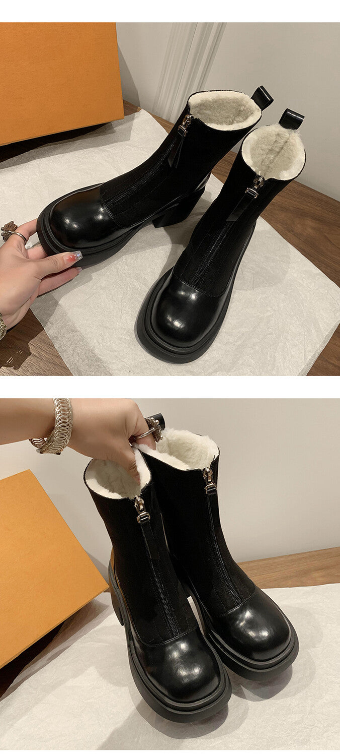 Karin Luna Basic Bestseller Timeless Thick Fur Lined Round Toe Thick Sole Cowhide Snow Boots