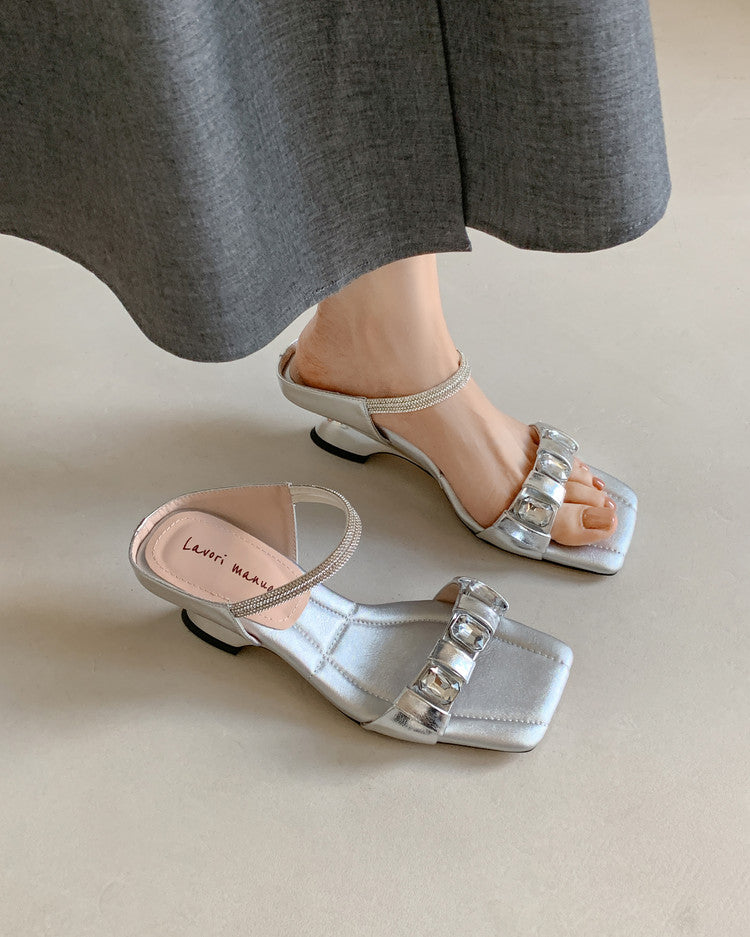 Karin Luna Bestseller Popular Rhinestone Ribbon Square Toe Slippers