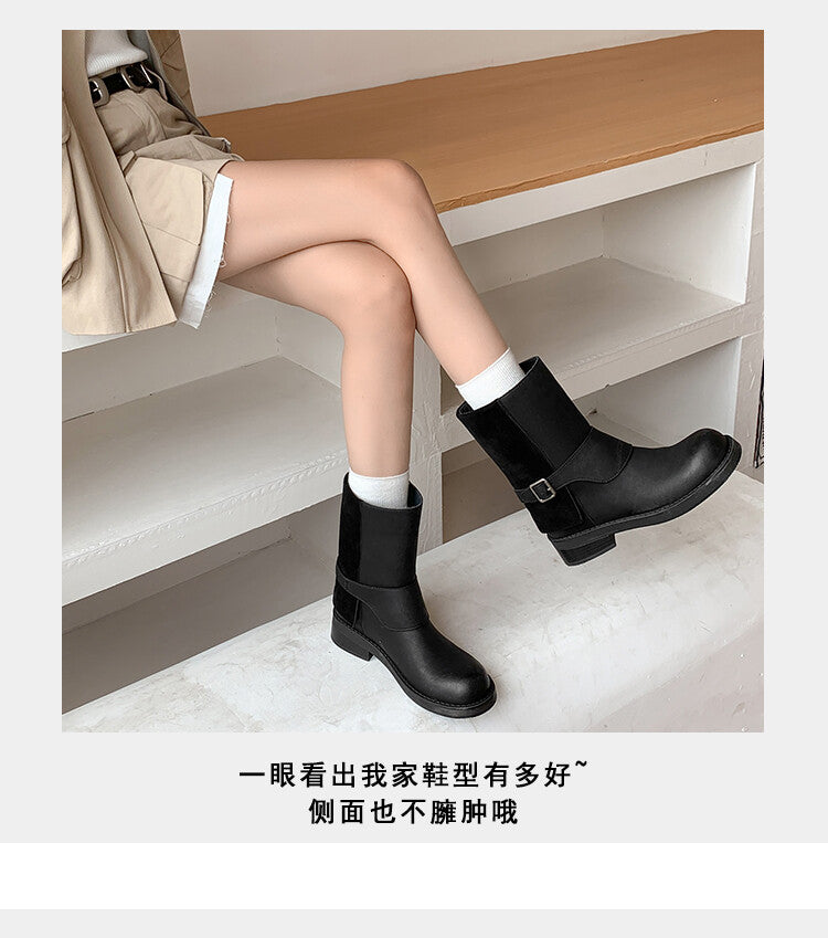 Karin Luna Belt Buckle Chunky Heel Fashion Short Boots