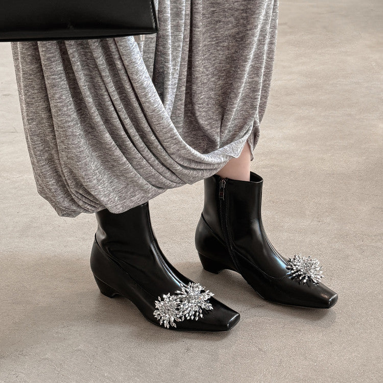 Karin Luna Elegant Style Square Toe Flower Design Height Increasing Short Boots with Two Front and Back Options