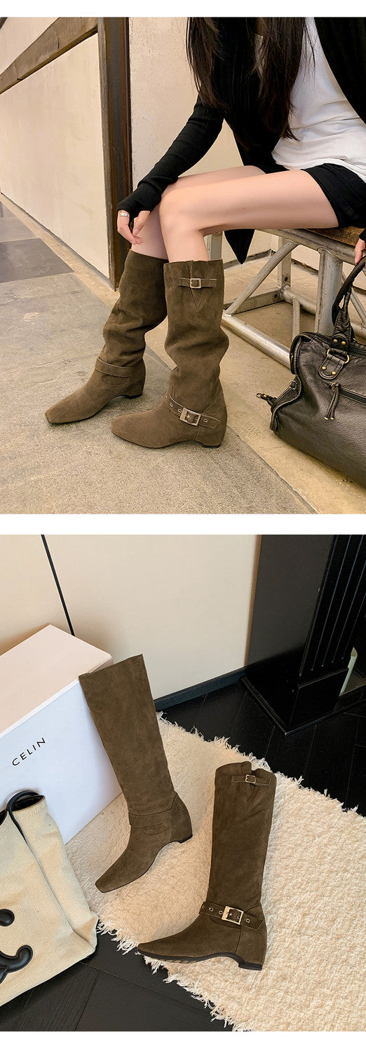 Karin Luna Data Model Belt Buckle Matte Square Toe Hidden Wedge Slouch Western Boots
