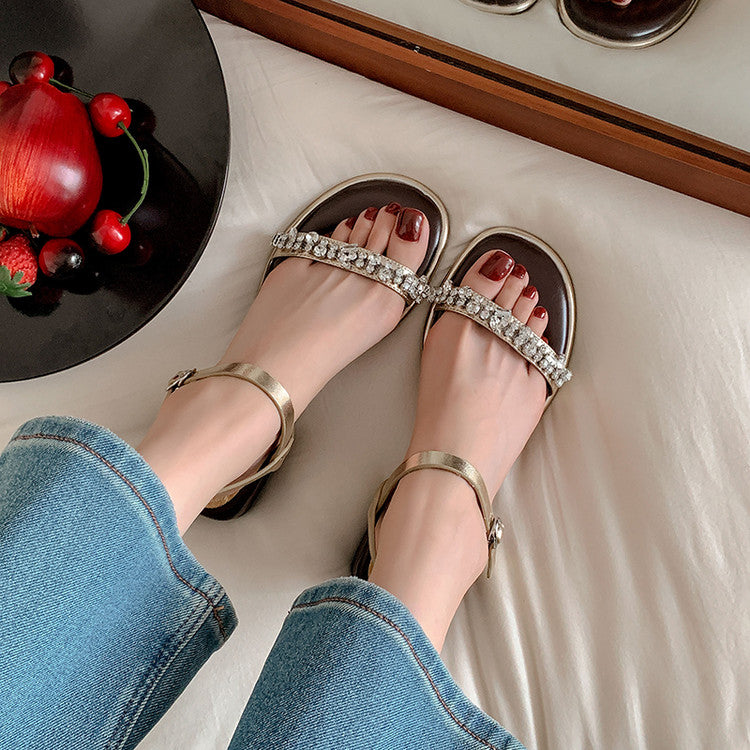 Karin Luna In Stock In Stock  Rhinestone Strap Round Toe Chunky Heel Sandals