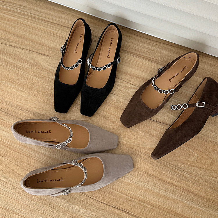 Karin Luna In Stock Spot Goods  Vintage Full Leather Square Toe Rhinestone Strap Shallow Mouth Single Shoes