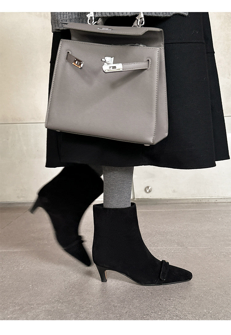 Karin Luna Elegant Style Small Square Toe Belt Buckle Thin Heel Short Boots