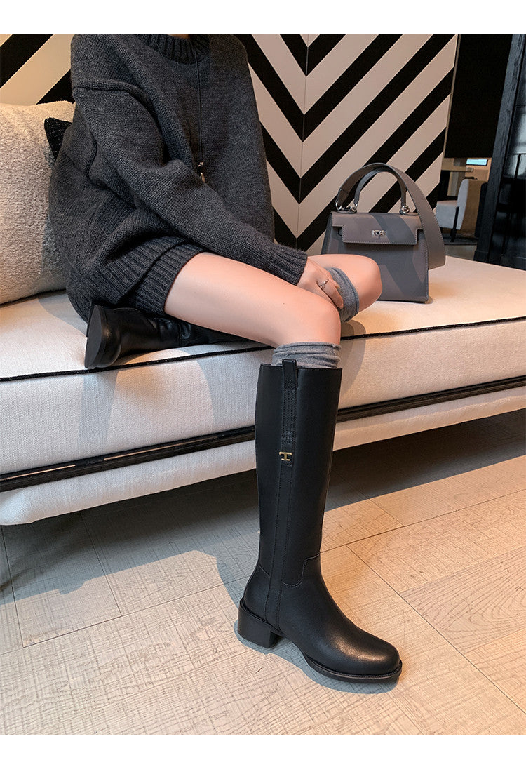 Karin Luna In Stock Spot Goods Basic Retro Square Toe Chunky Heel Riding Boots