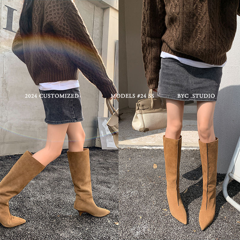 Karin Luna In Stock Spot Goods Retro Cowhide Pointed Toe Stiletto Elegant Long Boots